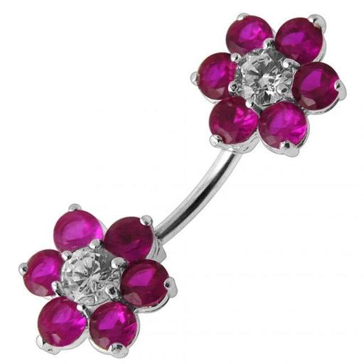 Jewelled Twin Flowers Spinal Belly Button Ring - Monster Piercing