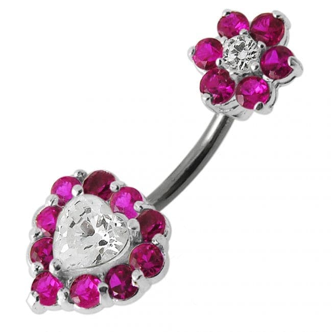 Jewelled Heart & Flower Spinal Belly Button Ring - Monster Piercing