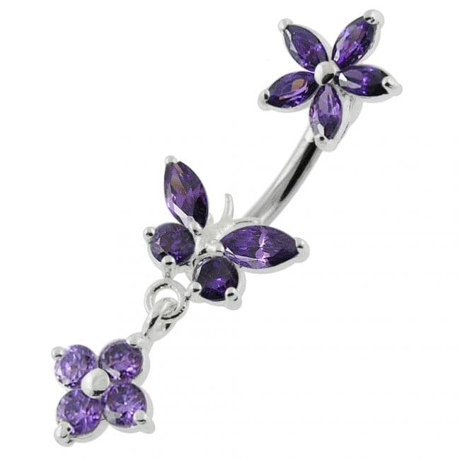 Jewelled Butterfly Dangling Flower Spinal Ring - Monster Piercing