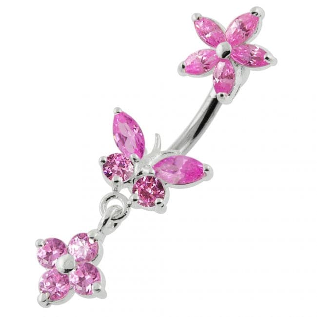 Jewelled Butterfly Dangling Flower Spinal Ring - Monster Piercing