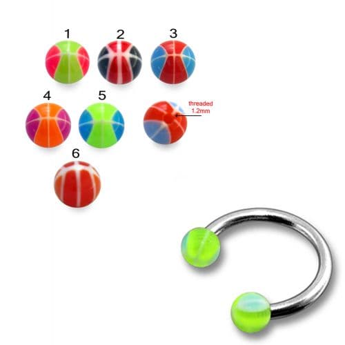 Steel Circular Barbells Horseshoe Ring with Green UV Balls (Pack of 10) - Monster Piercing