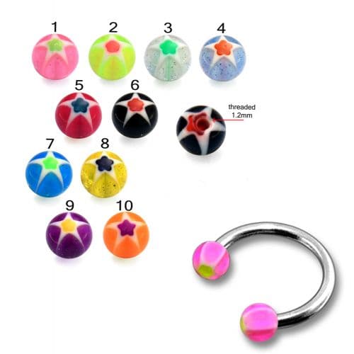 Steel Circular Barbells Horseshoe Ring with Pink UV Star Print Balls (Pack of 10) - Monster Piercing