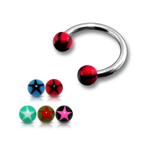 Steel Circular Barbells with 5mm Red UV Black Star Print Balls (Pack of 10) - Monster Piercing