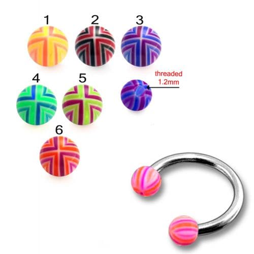 Steel Circular Barbells with 3mm Multi Color Print UV Balls (Pack of 10) - Monster Piercing