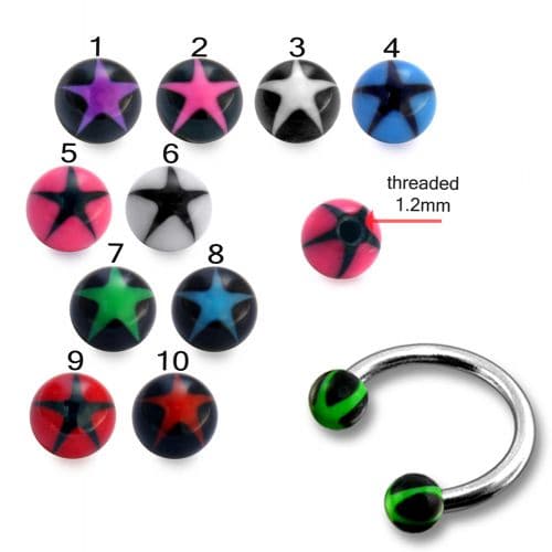 Steel Circular Barbells with Black UV Green Lines Print Balls (Pack of 10) - Monster Piercing