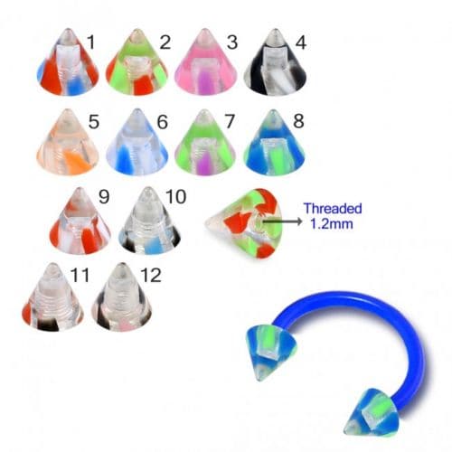 UV Circular Barbells with UV Fancy Colorful Two Tone Transparent Cone (Pack of 10) - Monster Piercing