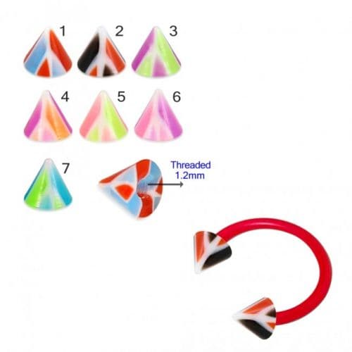 UV Circular Barbells with UV Fancy Colorful Multi Layer Triangles Cone (Pack of 10) - Monster Piercing