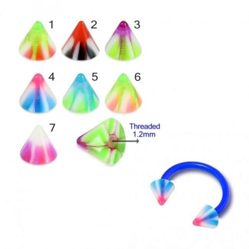 UV Circular Barbells with Acrylic UV Spikes Color Cones (Pack of 10) - Monster Piercing