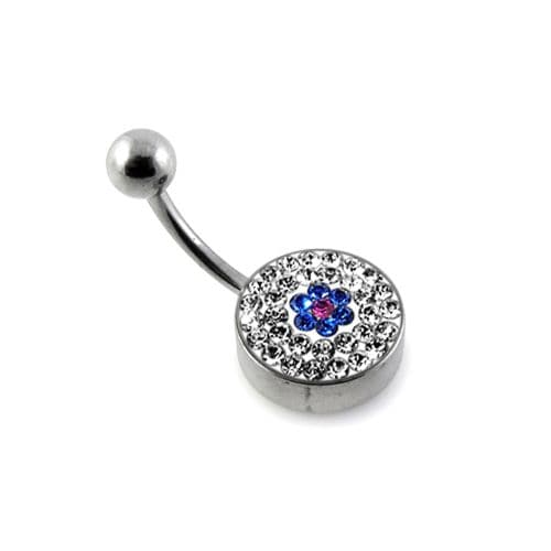 Crystal Stone Studded Flat Steel Belly Ring - Monster Piercing