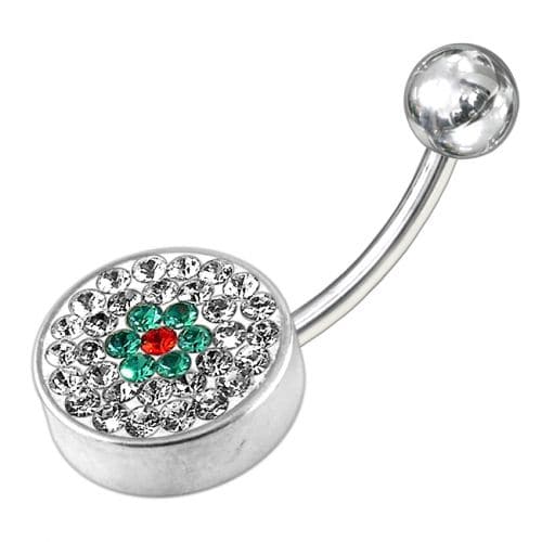 Crystal Stone Studded Flat Steel Belly Ring - Monster Piercing