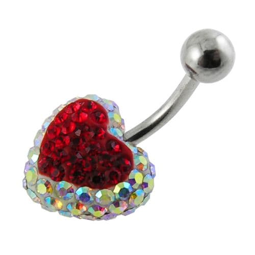 Crystal Heart Studded Steel Belly Ring - Monster Piercing