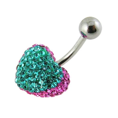 Crystal Heart Shape Studded SS Belly Ring - Monster Piercing