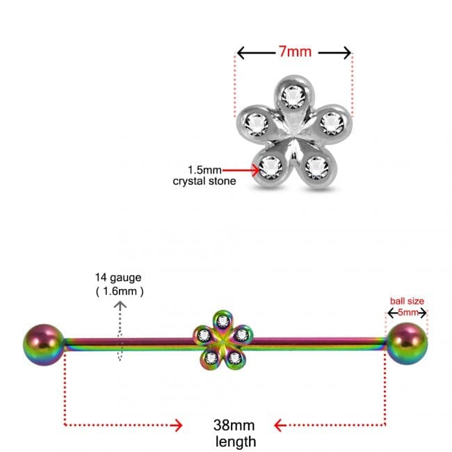 Anodised 316L Surgical Steel CZ Studded Daisy Industrial Barbell - Monster Piercing