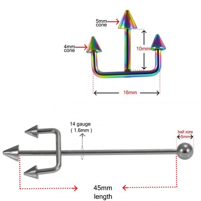 316L Surgical Steel Trident Industrial Barbell - Monster Piercing