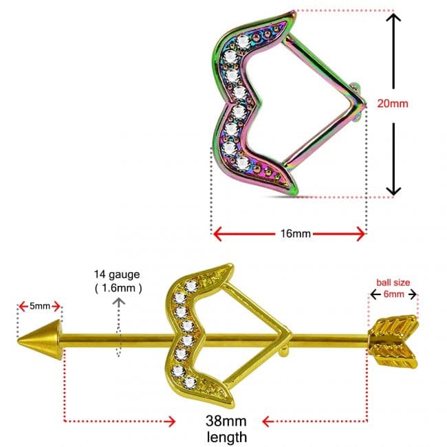 Anodised Arrow CZ Dazzling Bow Industrial Barbell - Monster Piercing