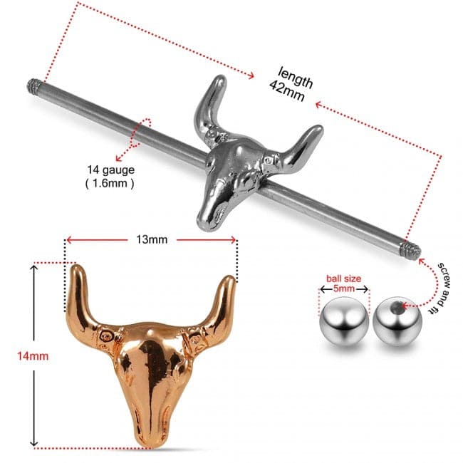 Surgical Steel Industrial Barbell With Bull Head - Monster Piercing