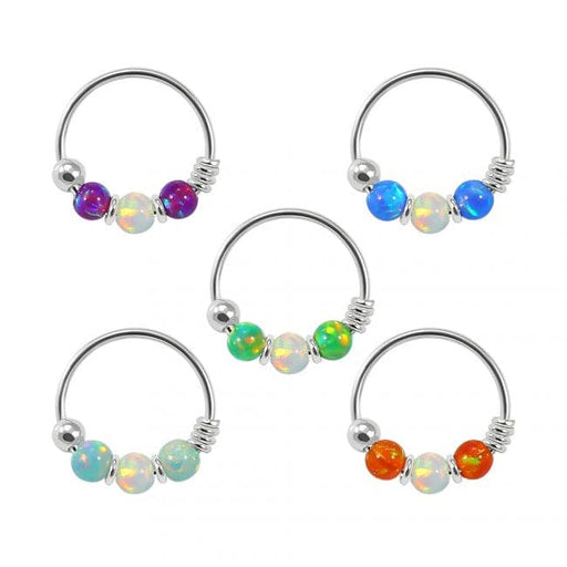 925 Sterling Silver AB Opal Bead in Center Nose Hoop Ring - Monster Piercing