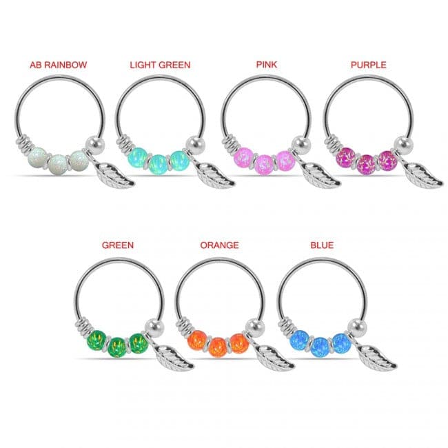 925 Sterling Silver Opal Bead with Leaf Charm Nose Hoop Ring - Monster Piercing