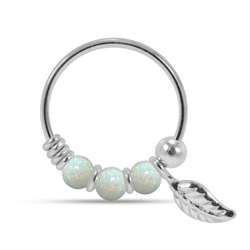 925 Sterling Silver Opal Bead with Leaf Charm Nose Hoop Ring - Monster Piercing