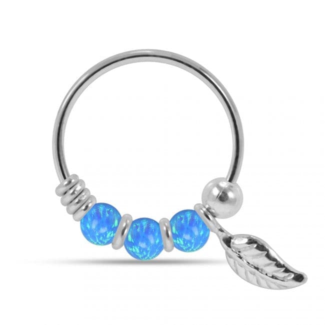 925 Sterling Silver Opal Bead with Leaf Charm Nose Hoop Ring - Monster Piercing