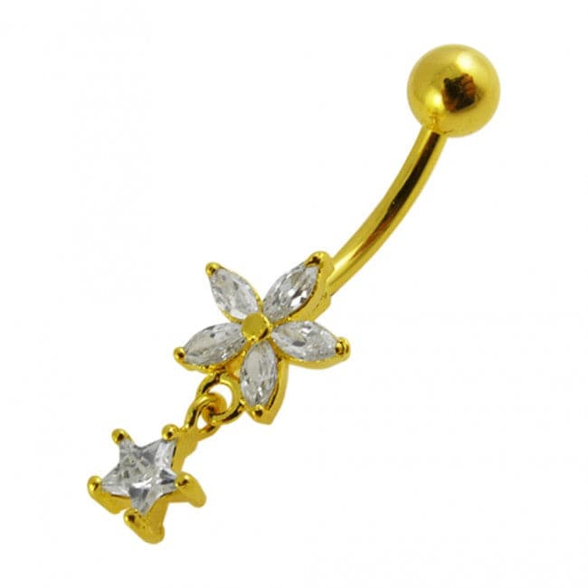 Moving Jeweled Flower and Star Charms Navel Ring - Monster Piercing