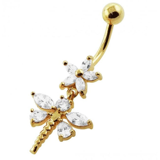 Flower and Dragonfly Dangling Belly Moving Ring - Monster Piercing