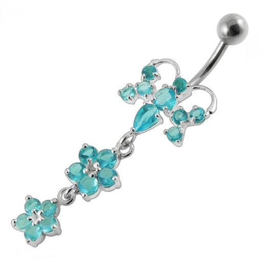 Butterfly With Double Flower Dangling Belly Ring - Monster Piercing