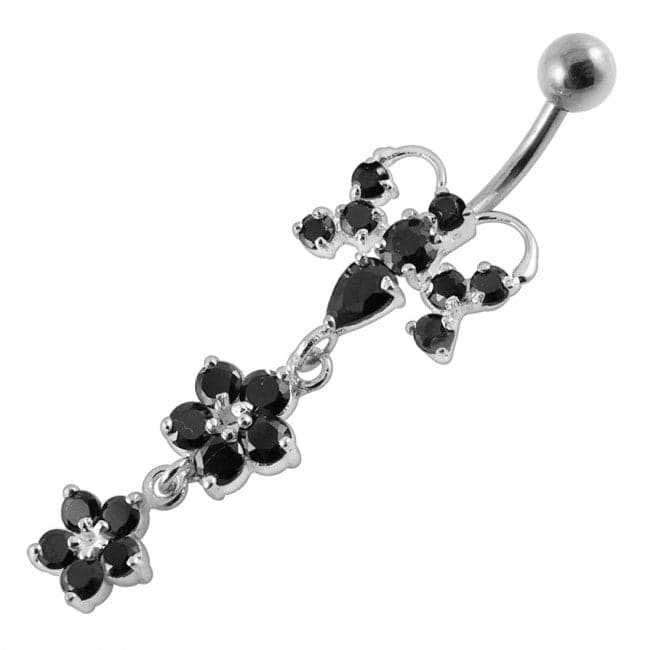 Butterfly With Double Flower Dangling Belly Ring - Monster Piercing