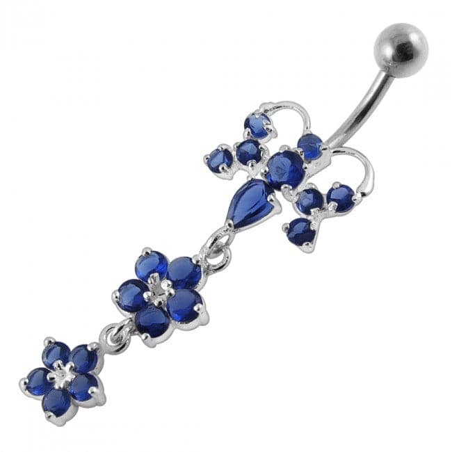 Butterfly With Double Flower Dangling Belly Ring - Monster Piercing