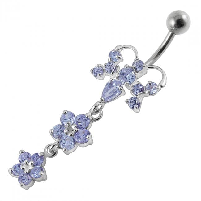 Butterfly With Double Flower Dangling Belly Ring - Monster Piercing