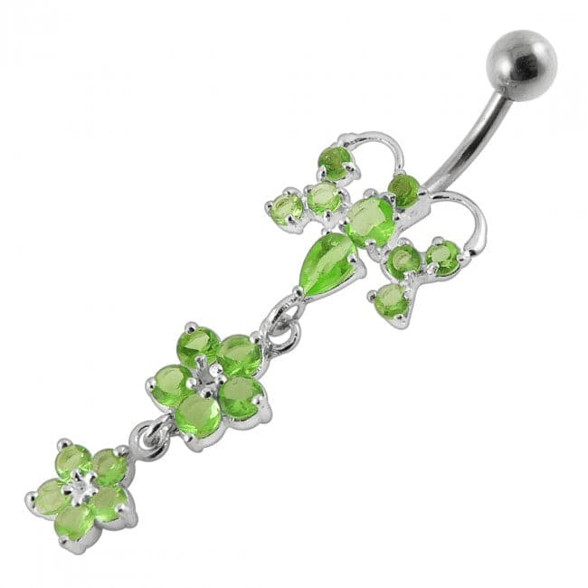 Butterfly With Double Flower Dangling Belly Ring - Monster Piercing