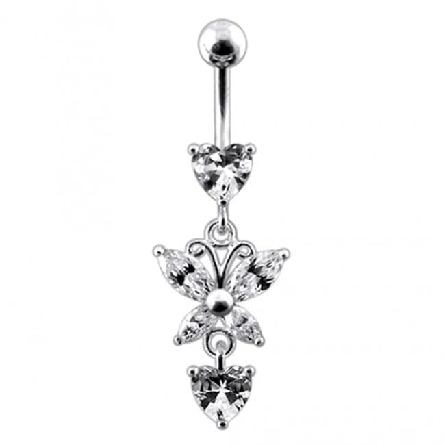 Fancy Flower Silver Dangling Belly Ring With Curved Bar - Monster Piercing