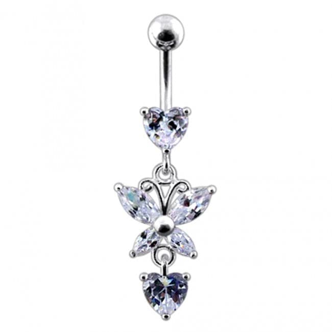 Fancy Flower Silver Dangling Belly Ring With Curved Bar - Monster Piercing