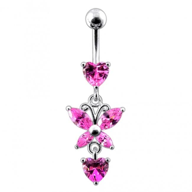 Fancy Flower Silver Dangling Belly Ring With Curved Bar - Monster Piercing