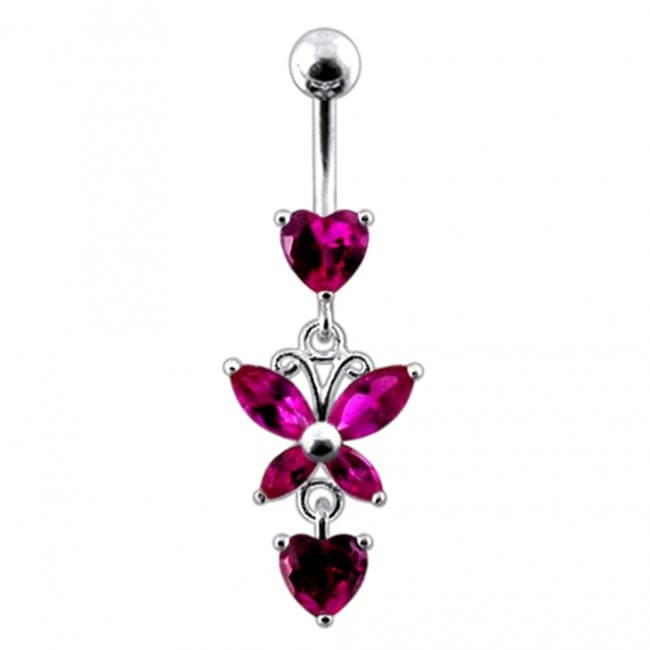 Fancy Flower Silver Dangling Belly Ring With Curved Bar - Monster Piercing