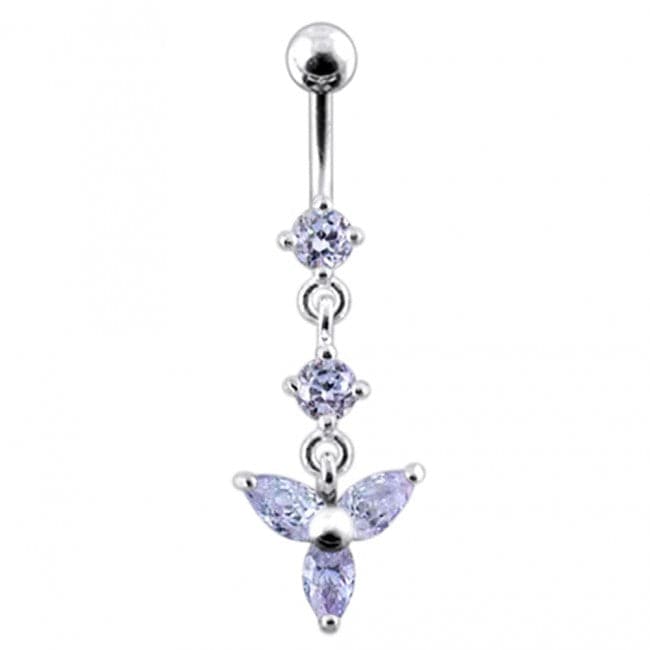 Silver Pink Flower Dangling SS Curved Navel Ring - Monster Piercing