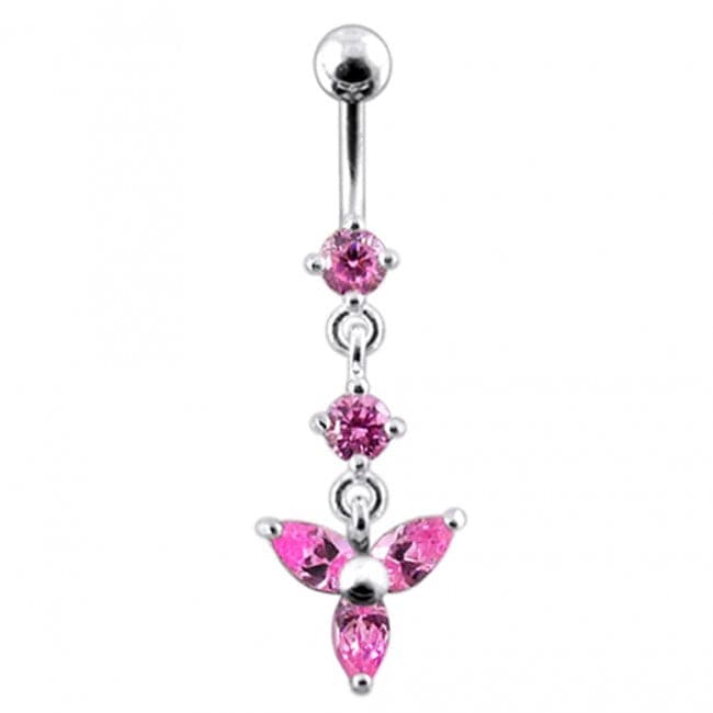 Silver Pink Flower Dangling SS Curved Navel Ring - Monster Piercing