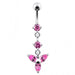 Silver Pink Flower Dangling SS Curved Navel Ring - Monster Piercing