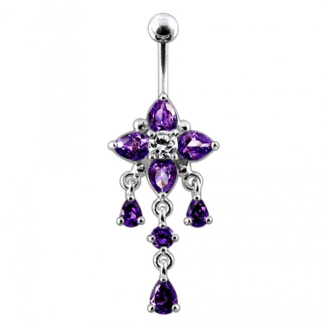 14G Silver Fancy Flower Dangling Belly Body Jewelry Body Ring - Monster Piercing