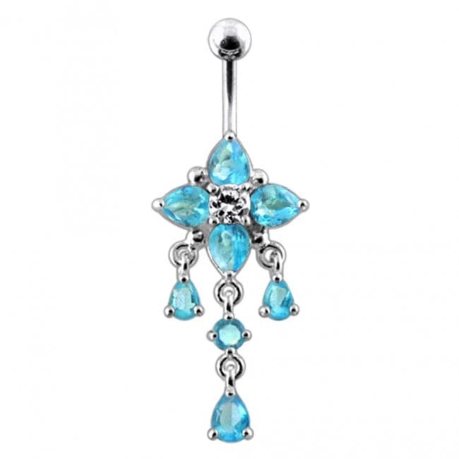 14G Silver Fancy Flower Dangling Belly Body Jewelry Body Ring - Monster Piercing