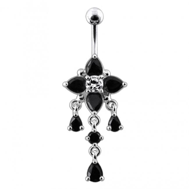 14G Silver Fancy Flower Dangling Belly Body Jewelry Body Ring - Monster Piercing