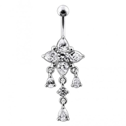 14G Silver Fancy Flower Dangling Belly Body Jewelry Body Ring - Monster Piercing