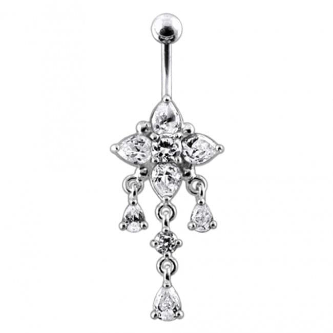 14G Silver Fancy Flower Dangling Belly Body Jewelry Body Ring - Monster Piercing