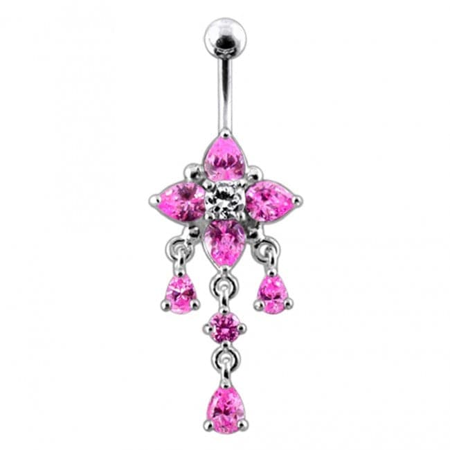 14G Silver Fancy Flower Dangling Belly Body Jewelry Body Ring - Monster Piercing