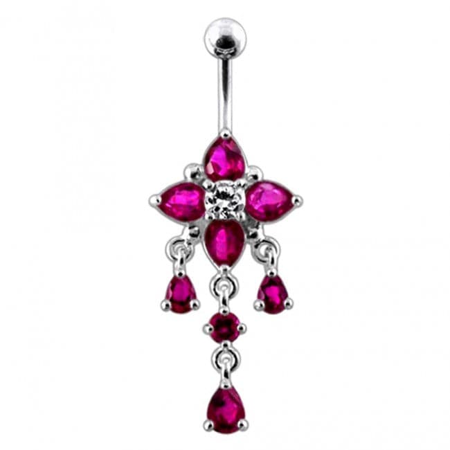 14G Silver Fancy Flower Dangling Belly Body Jewelry Body Ring - Monster Piercing