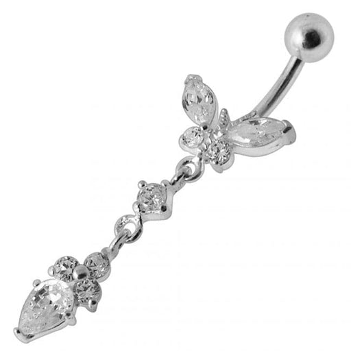 Silver Jeweled Butterfly Dangling Banana Bar Belly RingÊ - Monster Piercing