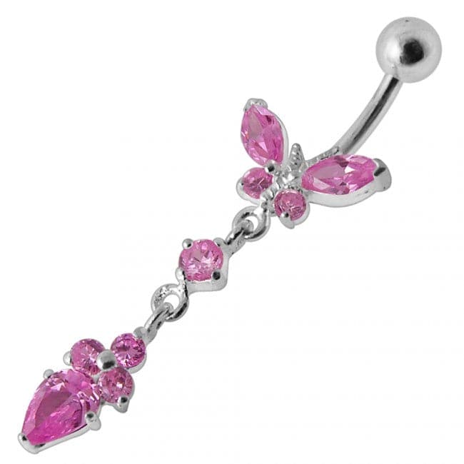 Silver Jeweled Butterfly Dangling Banana Bar Belly RingÊ - Monster Piercing