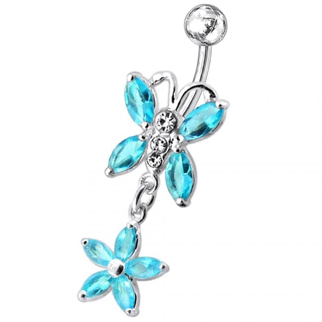 Butterfly and Flower Dangling Navel Belly Ring - Monster Piercing