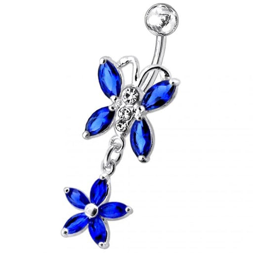 Butterfly and Flower Dangling Navel Belly Ring - Monster Piercing