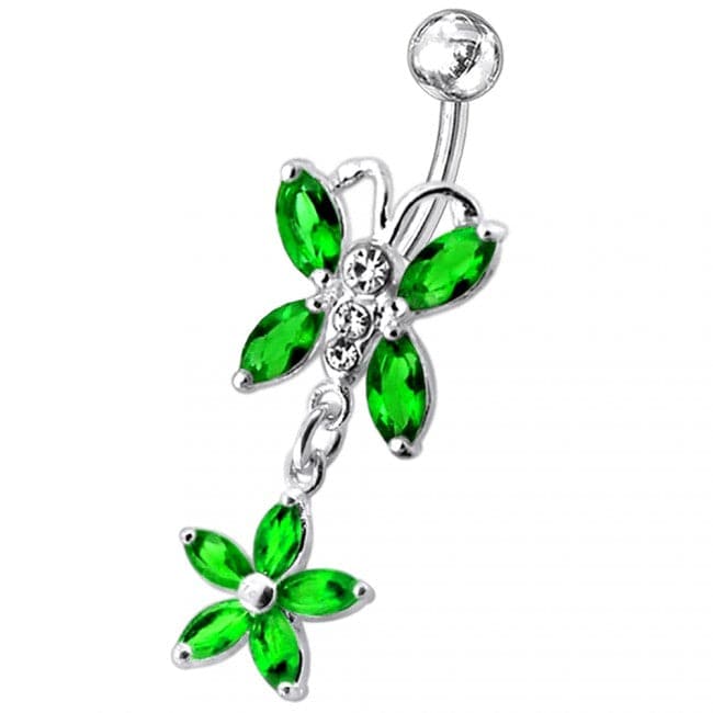 Butterfly and Flower Dangling Navel Belly Ring - Monster Piercing